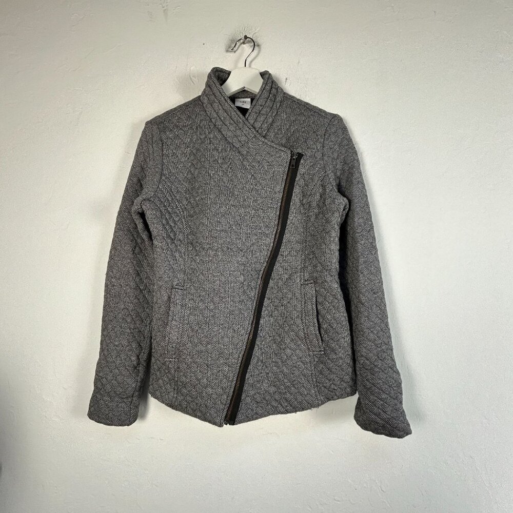 Cabi Women’s Herringbone Asymmetrical Zip Quilted Moto Jacket Small Gray #3025